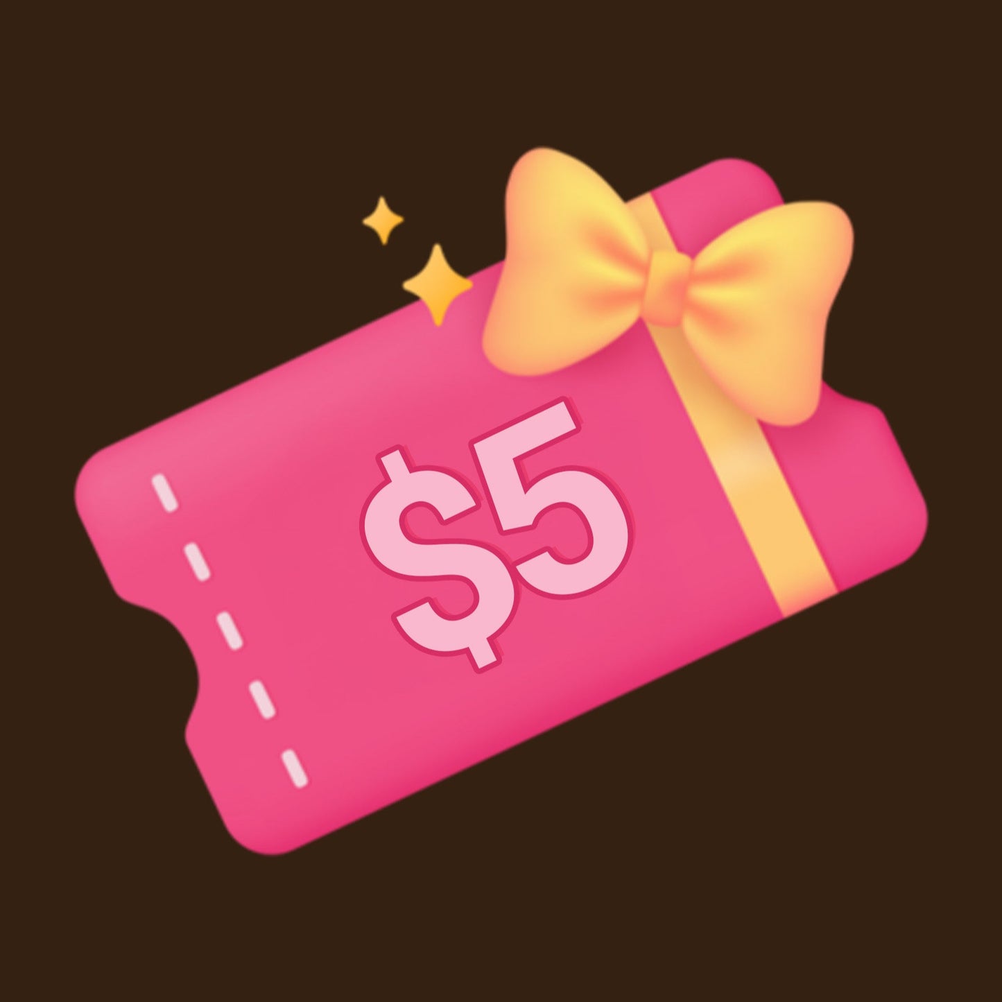 Pink gift card with a yellow bow and '$5' printed on it against a dark background