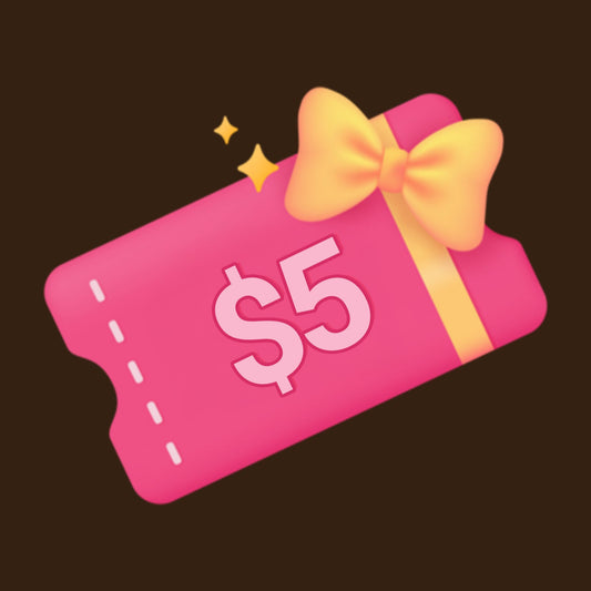 Pink gift card with a yellow bow and '$5' printed on it against a dark background